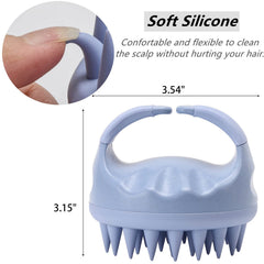 BTYMS blue scalp scrubber shown in hand for convenient shower use.