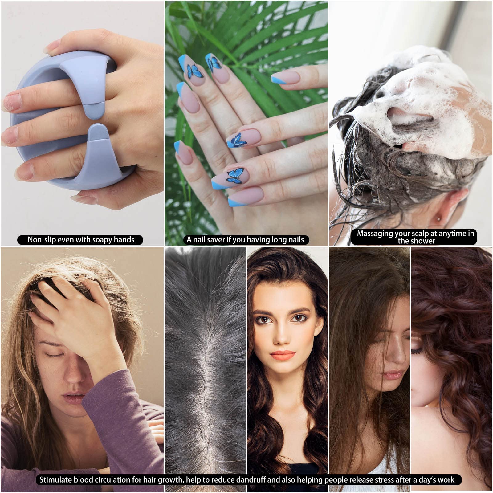 Blue BTYMS massager used for in-shower scalp massage and rinse.