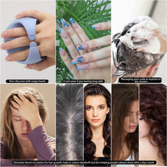 Blue BTYMS massager used for in-shower scalp massage and rinse.