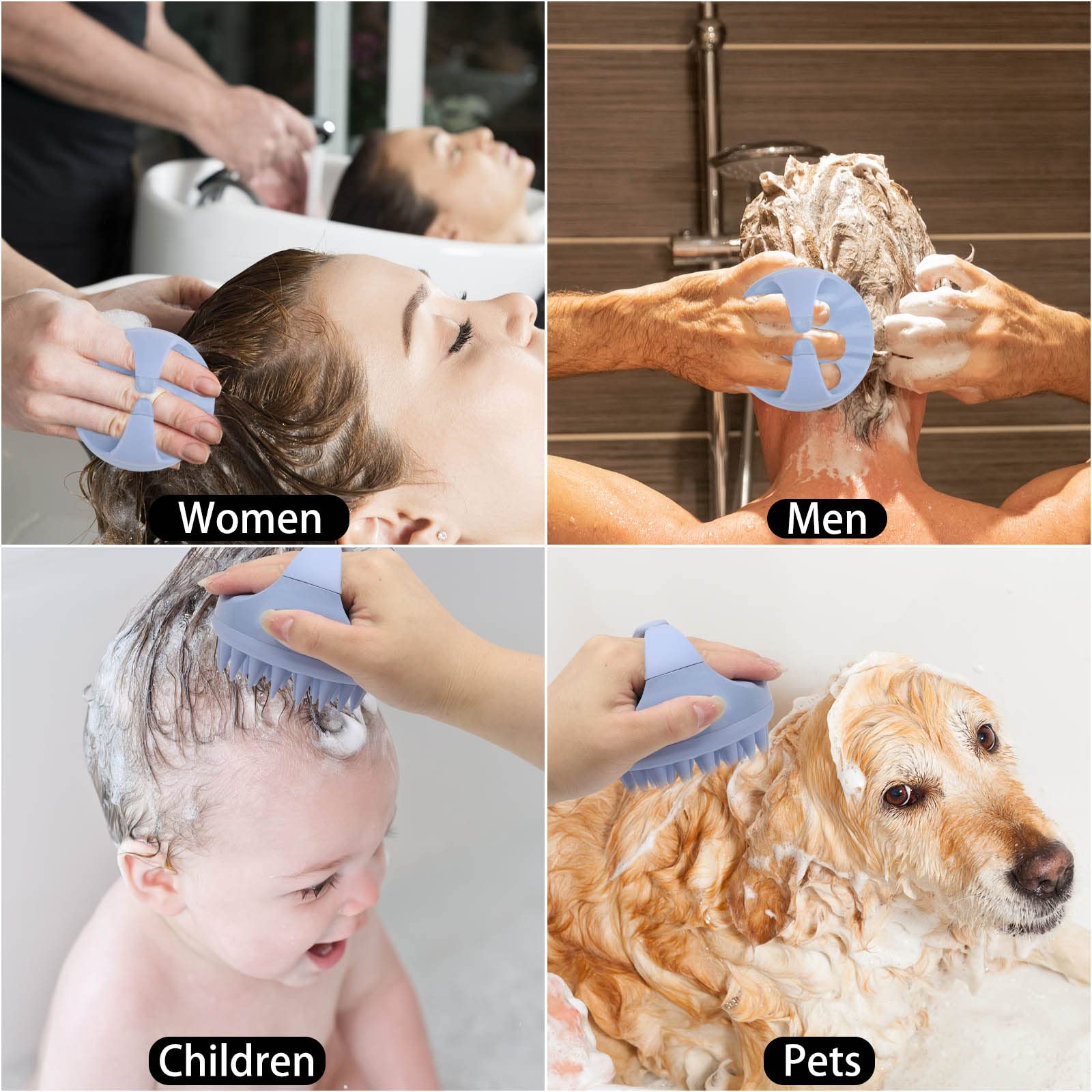 BTYMS blue scalp massager beside shampoo bottle ready to use.