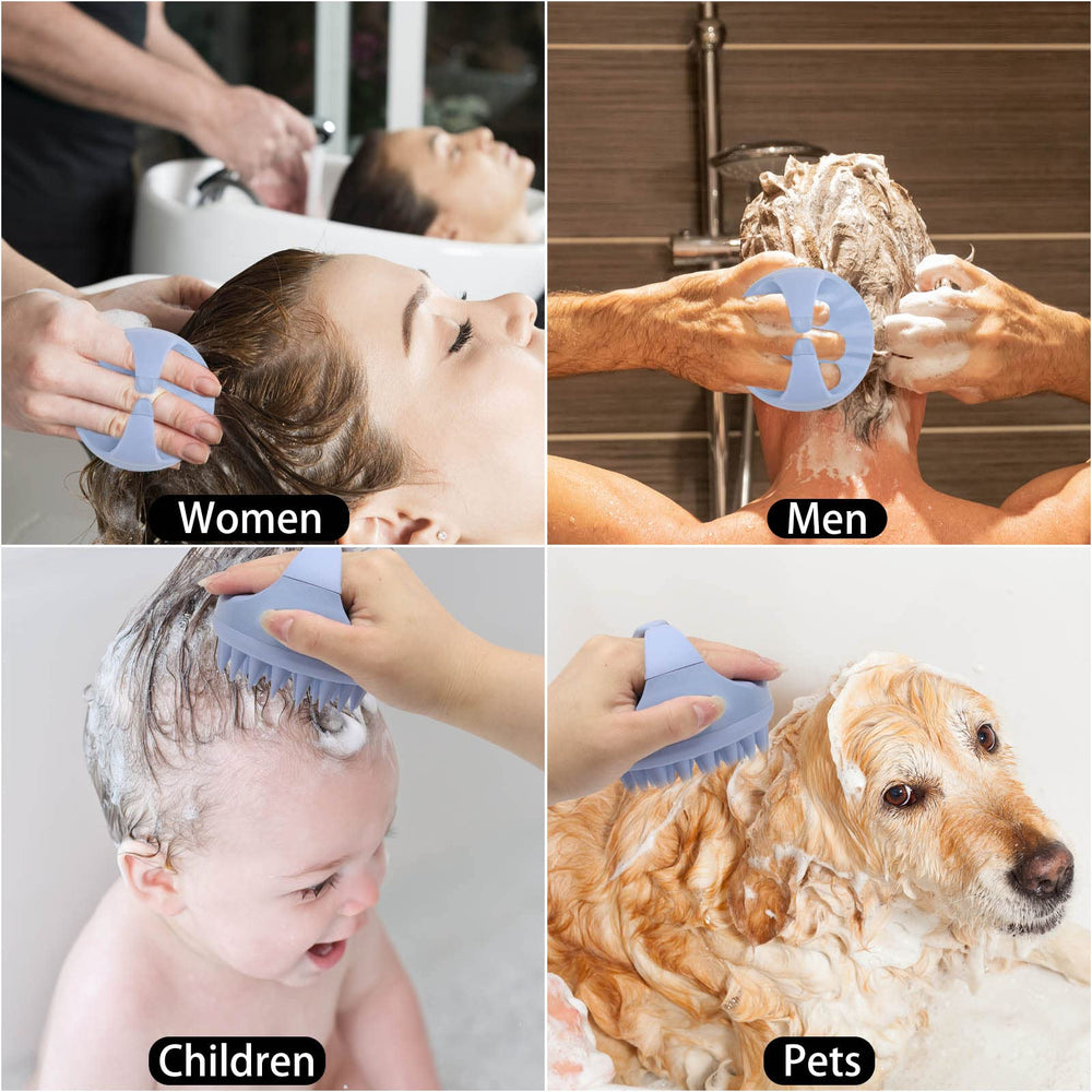 BTYMS blue scalp massager beside shampoo bottle ready to use.
