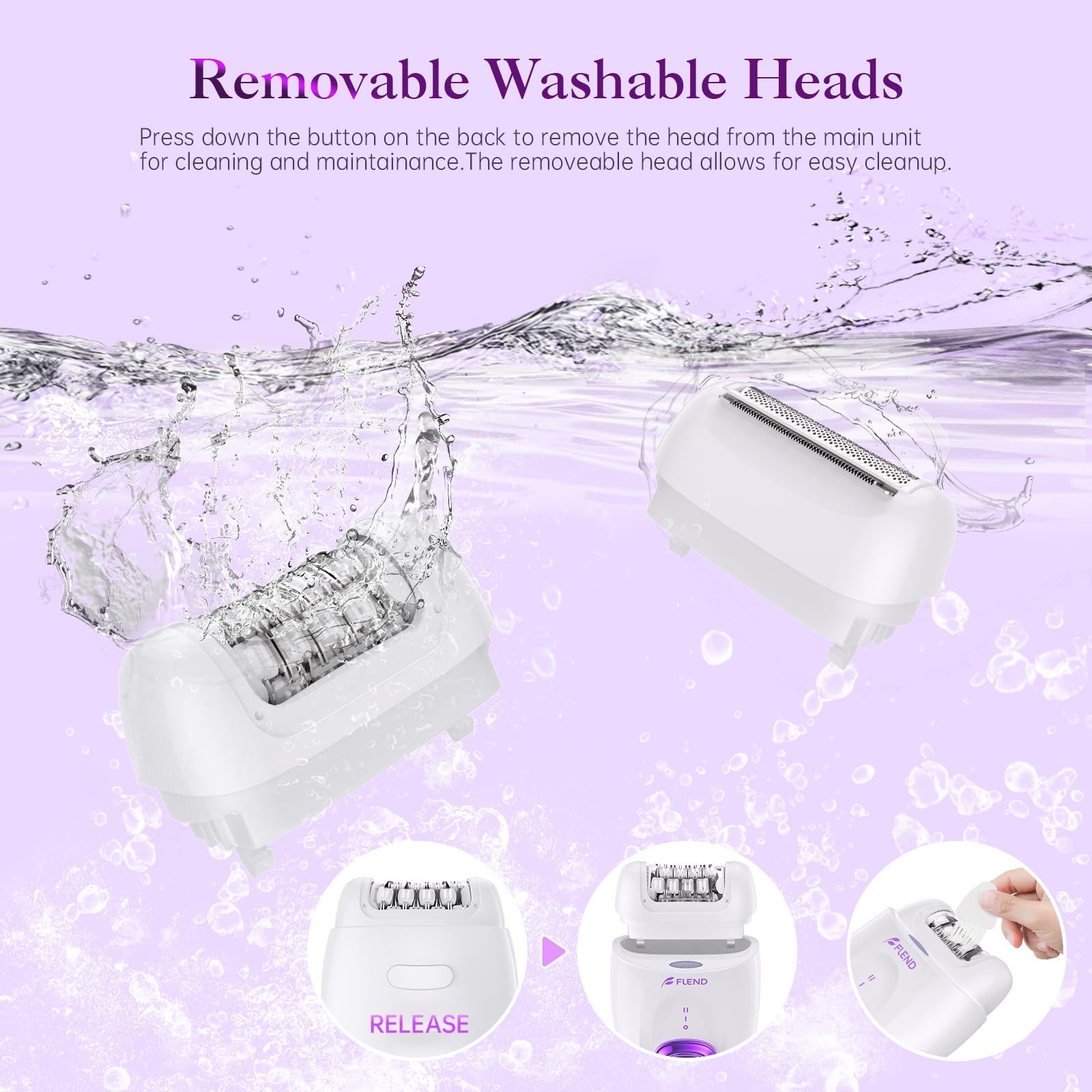 Bubbacare epilator head rinsing feature for easy cleaning