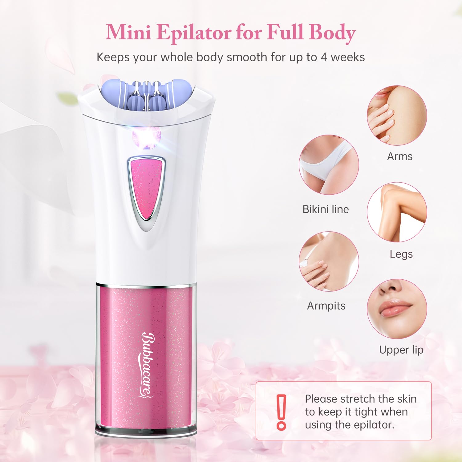 Bubbacare smooth glide epilator face LED light reveals finest hairs for precise removal