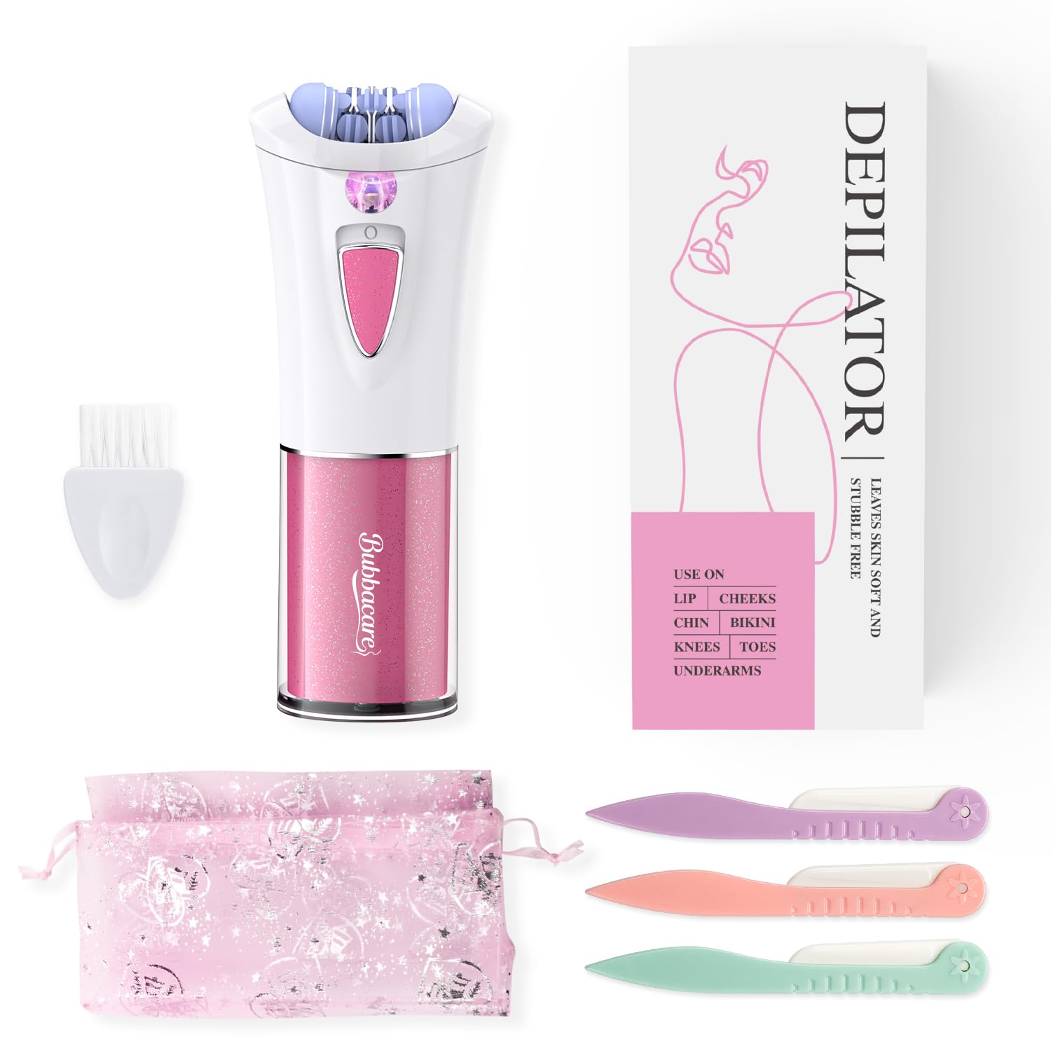 Bubbacare smooth glide epilator front view with LED light enhances visibility