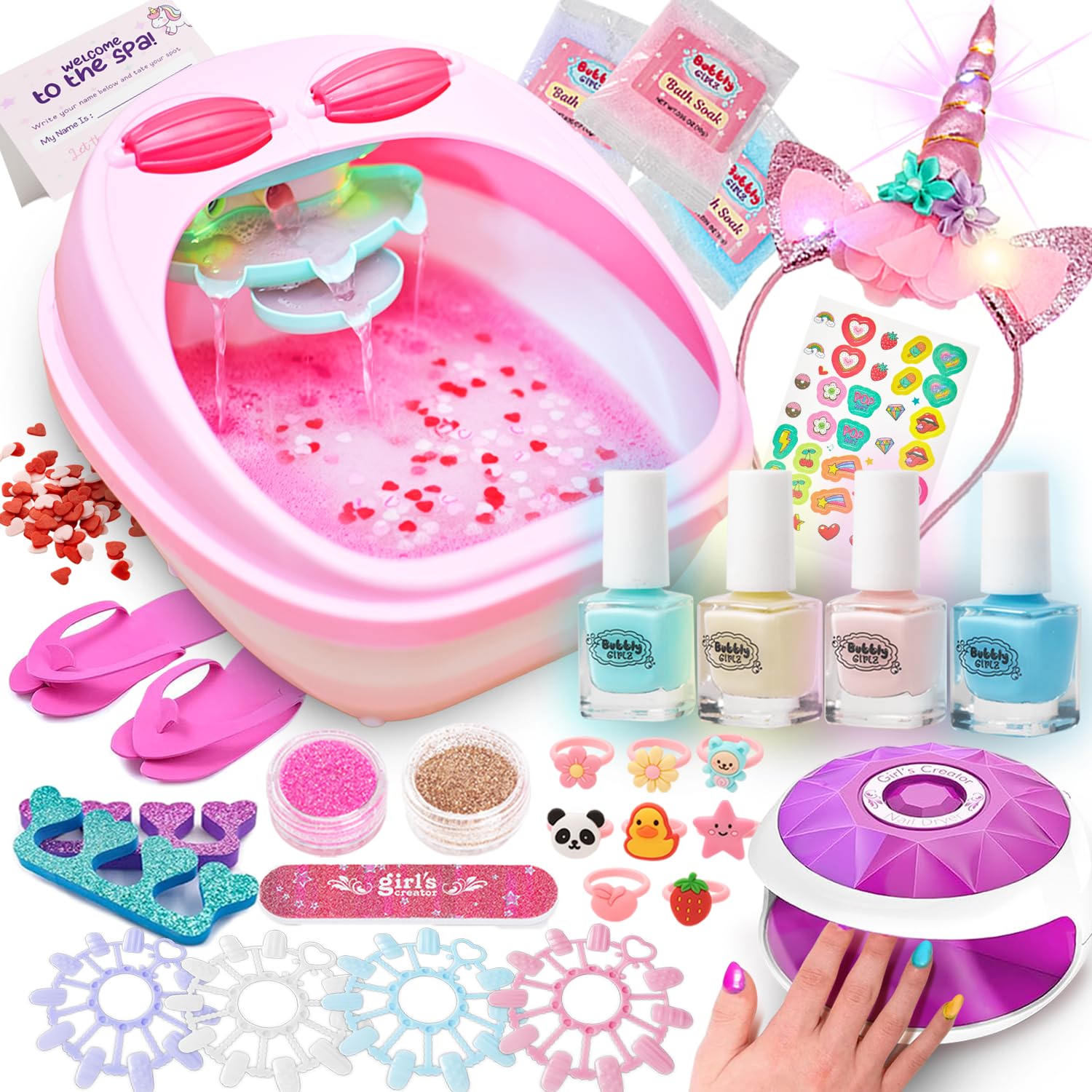 Bubbly Girlz glow-dark spa kit setup for at-home birthday pampering.