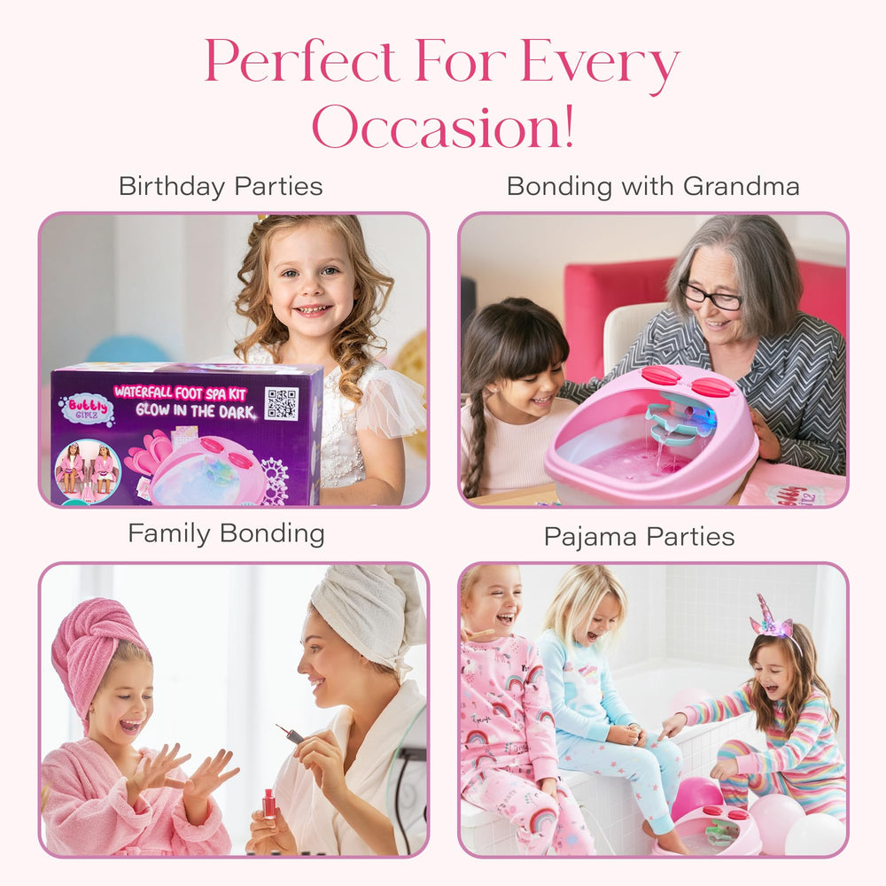 Bubbly Girlz pink string storage bag keeps supplies organized.