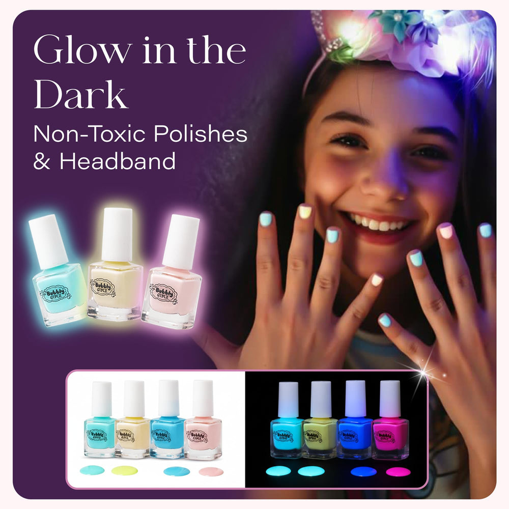 Bubbly Girlz unicorn headband adds playful flair during spa session.