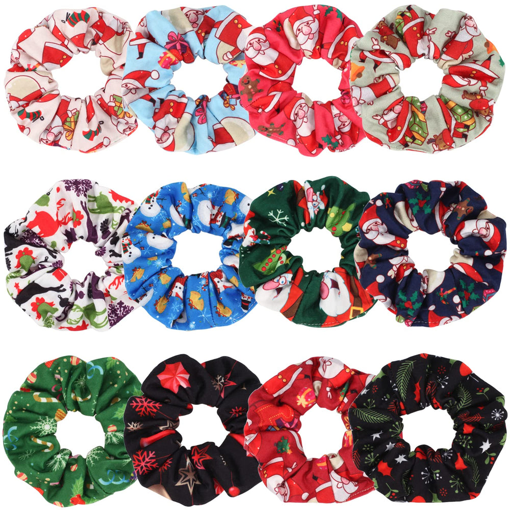 Budsmile Christmas scrunchies set shown in festive patterns for versatile holiday hairstyles.