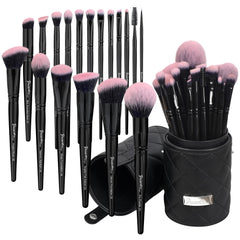 Bueart Design 18pcs Pro Deluxe makeup brushes in fuchsia-pink case for travel-friendly organization.
