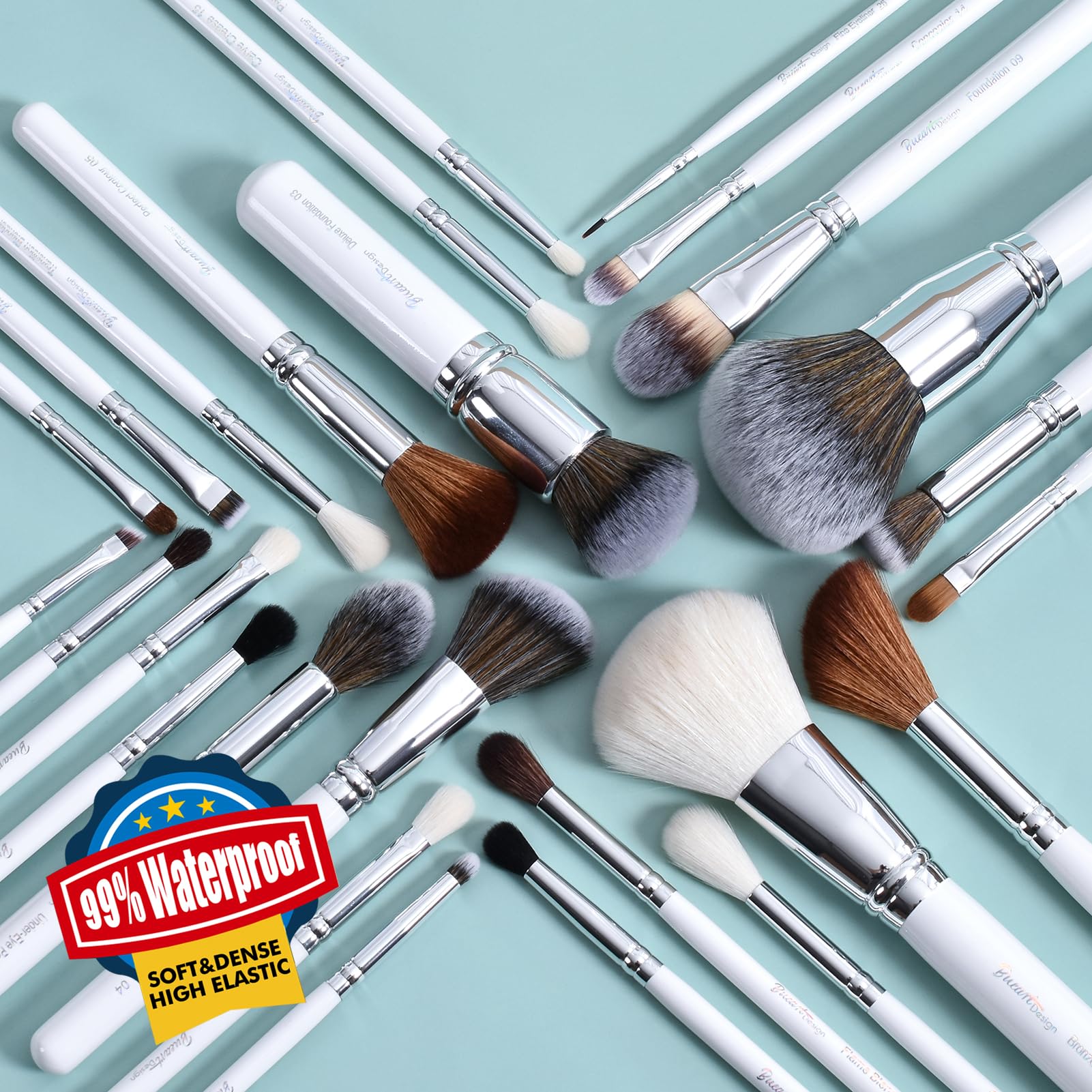 Bueart Design durable wood-handled brushes for long-lasting makeup tools.
