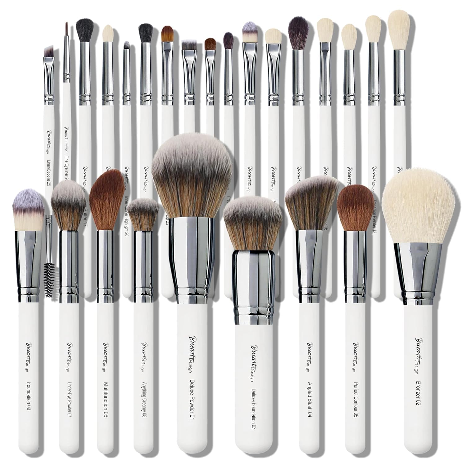 Bueart Design goat hair brush close-up for precise powder pickup and blending.