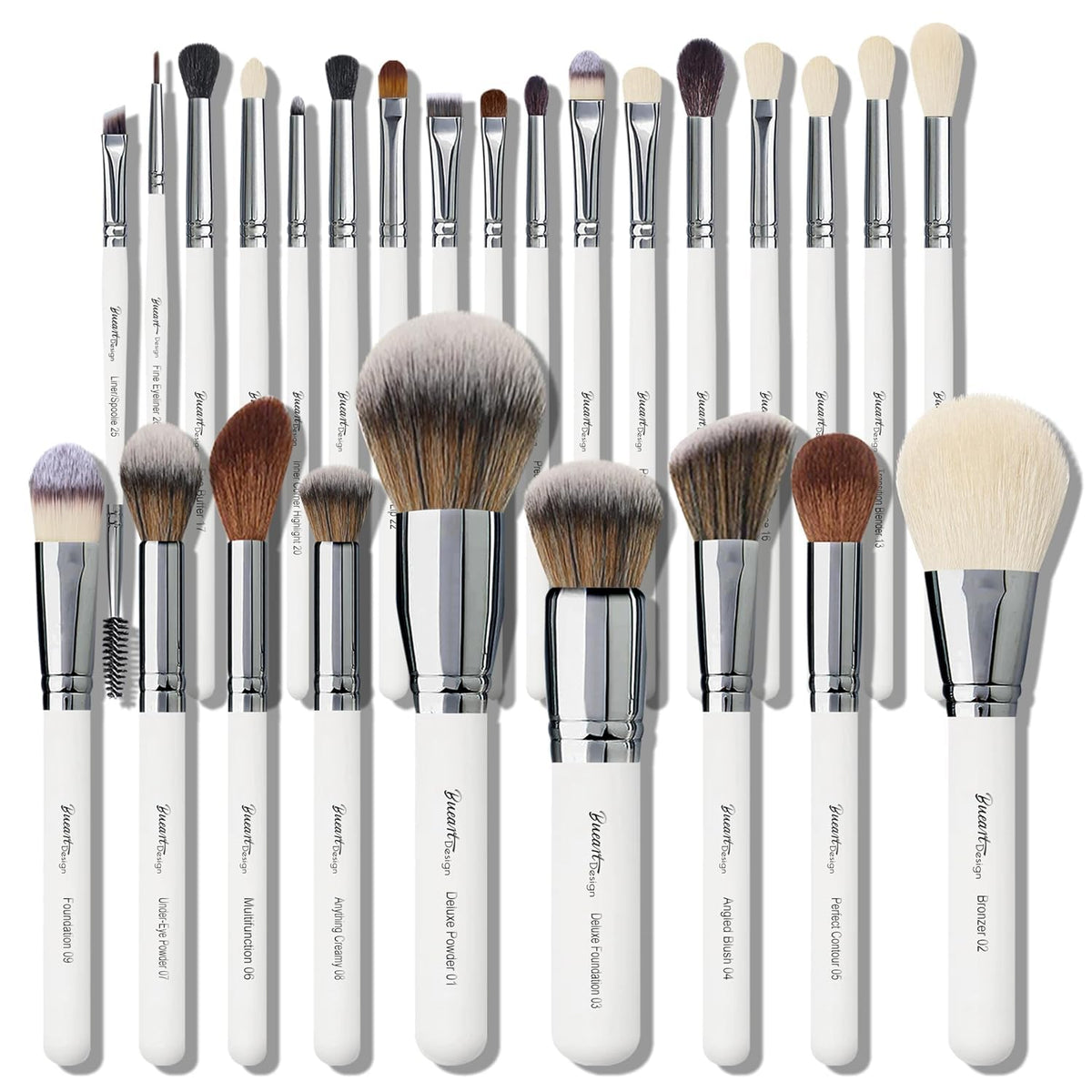 Bueart Design goat hair brush close-up for precise powder pickup and blending.