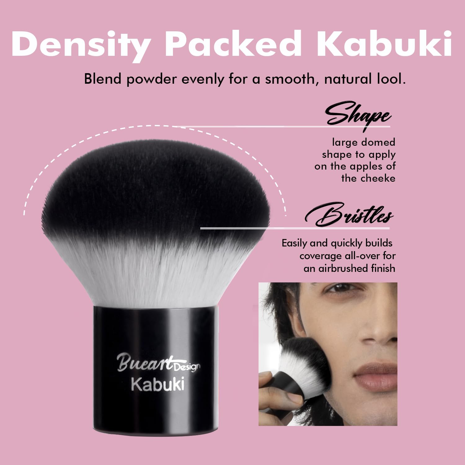 Pincel Kabuki de Bueart Design para base, aplicación suave y cobertura homogénea.