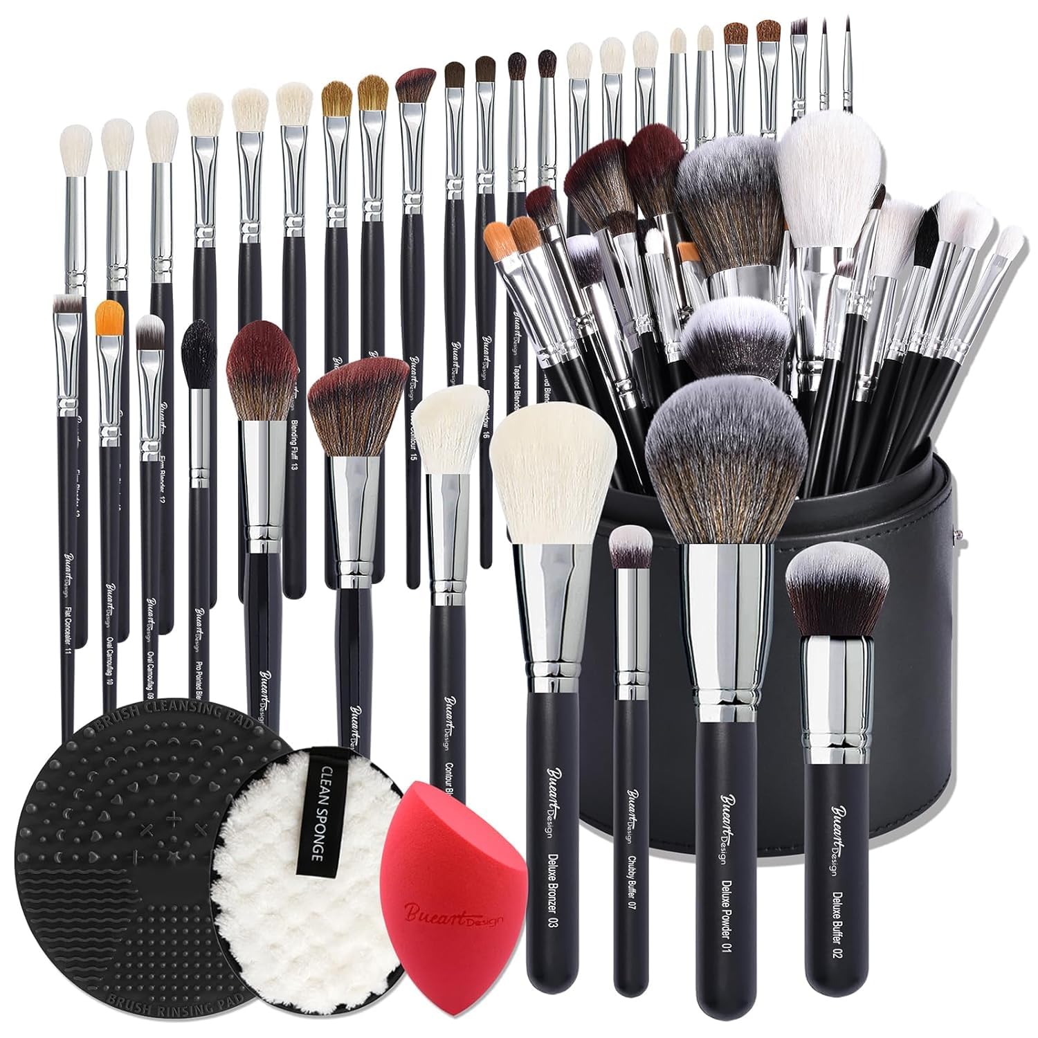 Bueart Design Pro 34pcs Deluxe Brush Set with Large Holder for organized pro-ready setup.
