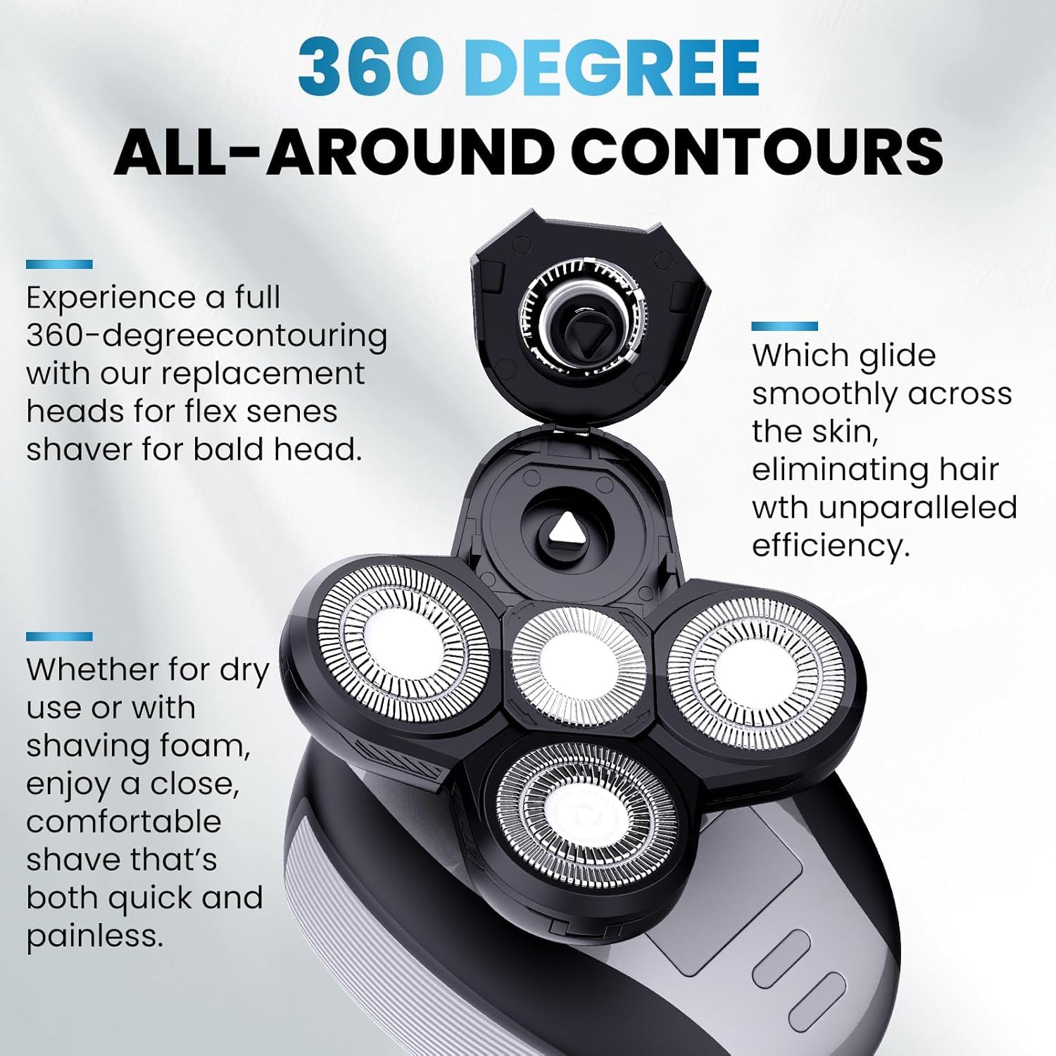 BueRallan 5D floating head close-up shows flexible blades for a smooth shave.