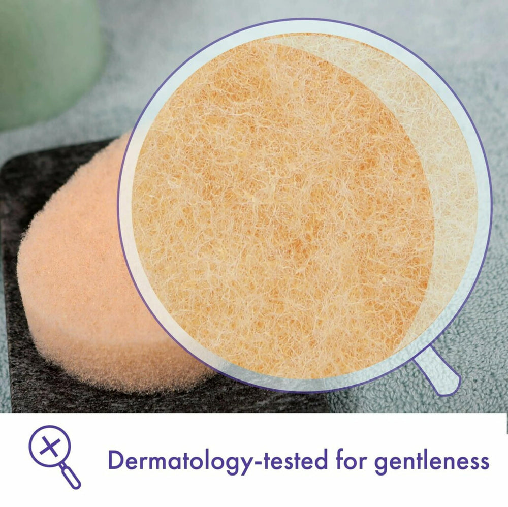 Buf-Puf exfoliating textured sponge reveals micro-scrub surface for smoother skin.