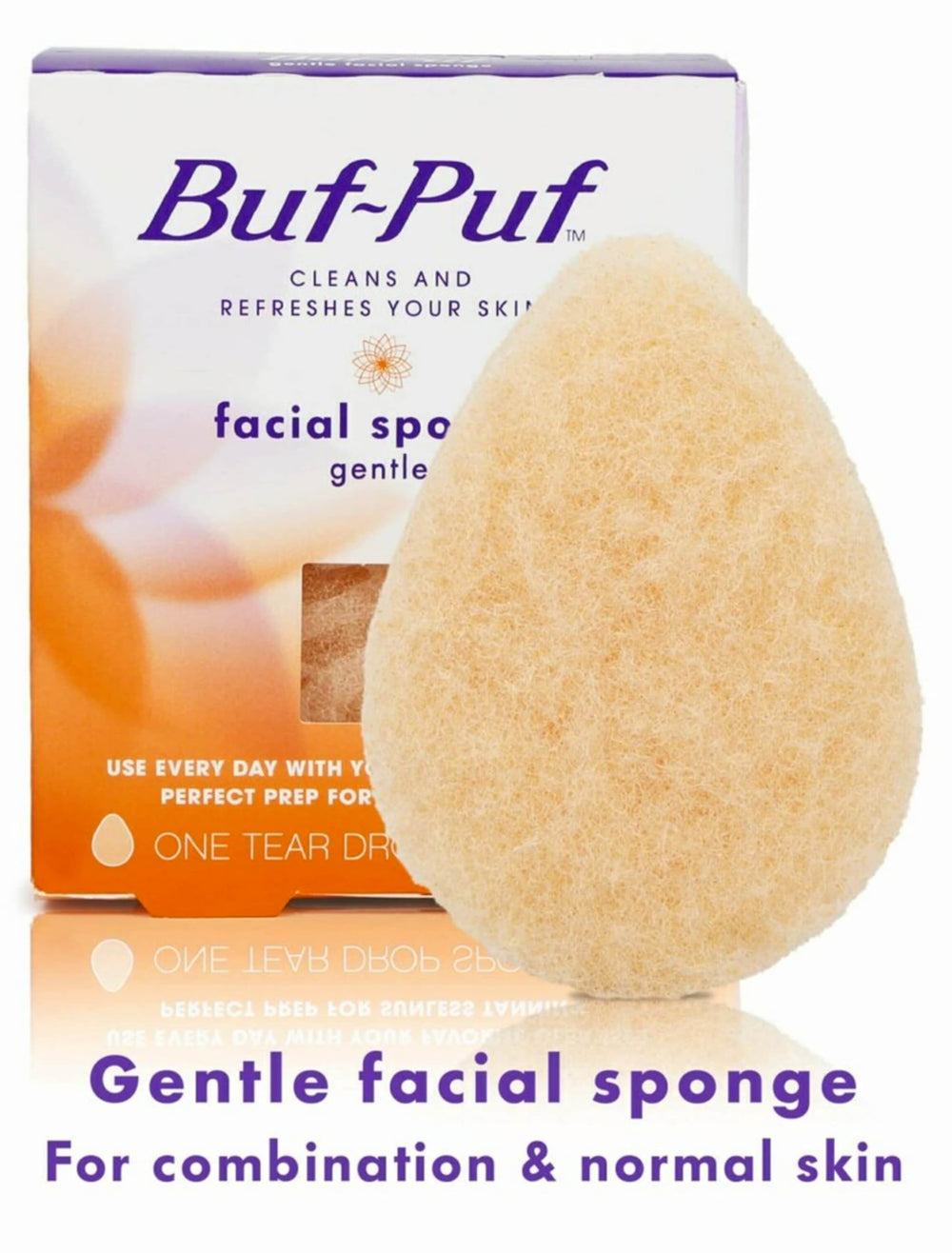 Buf-Puf 6-pack display emphasizing reusable exfoliating sponges for skincare routines.