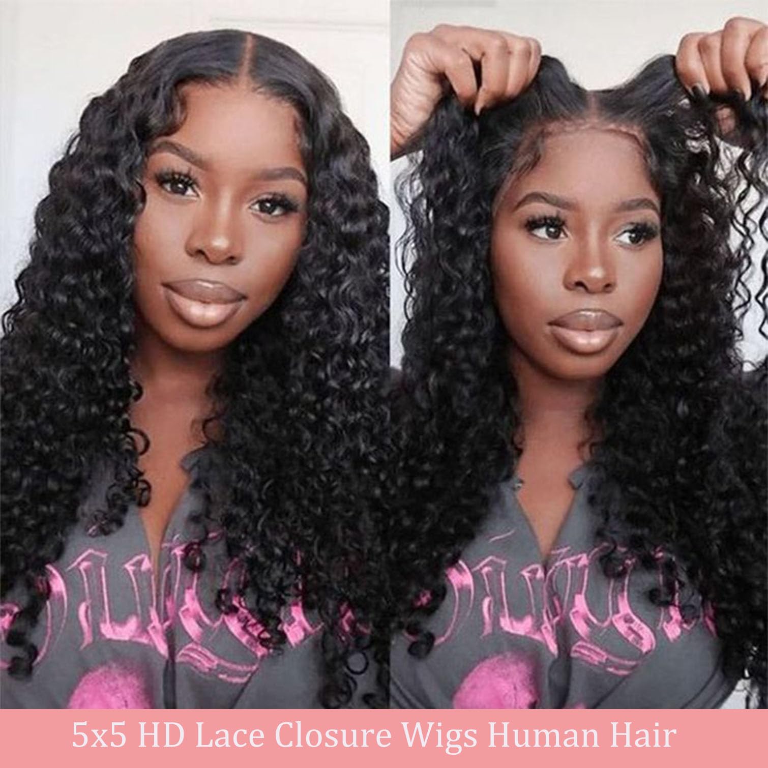 Bugtum glueless wigs deep wave lace front on model with voluminous texture