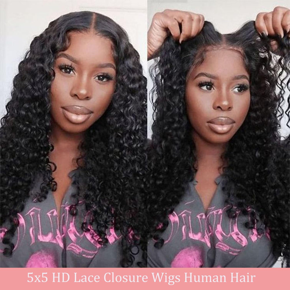 Bugtum glueless wigs deep wave lace front on model with voluminous texture
