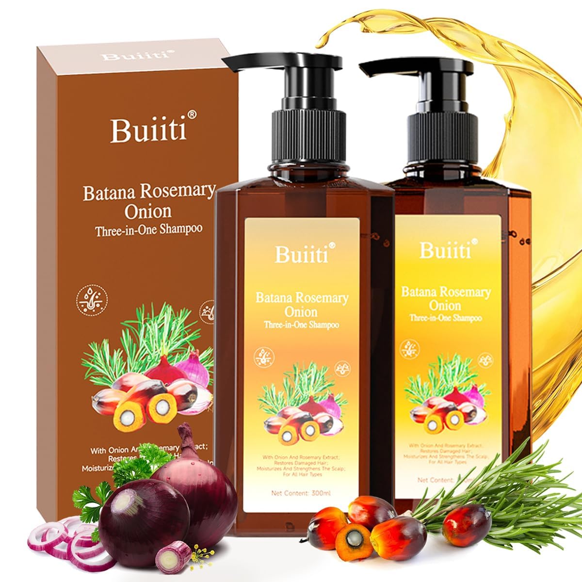BUIITI Batana Oil Shampoo bottle closeup highlighting sulfate-free cleansing for sensitive scalps.