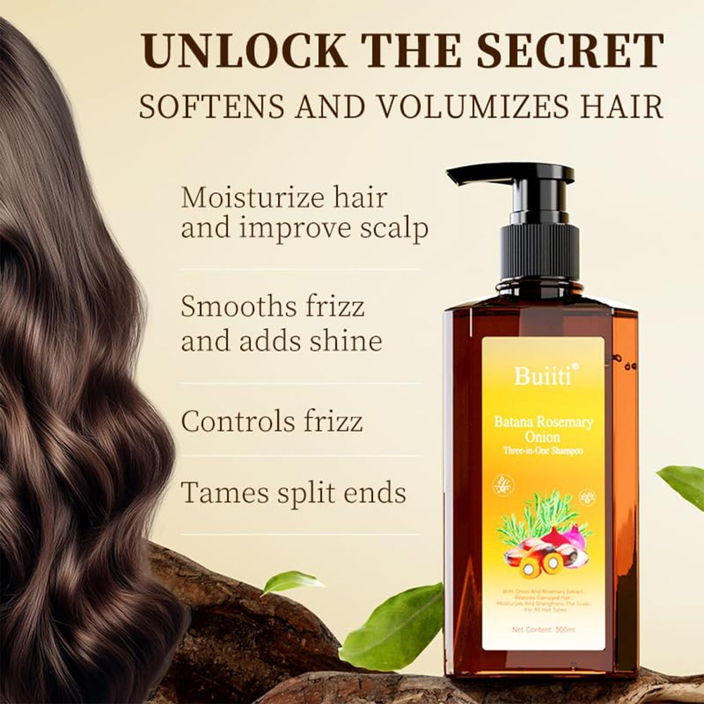 BUIITI Batana Oil Shampoo bottle beside ingredients emphasizes color-safe formula.