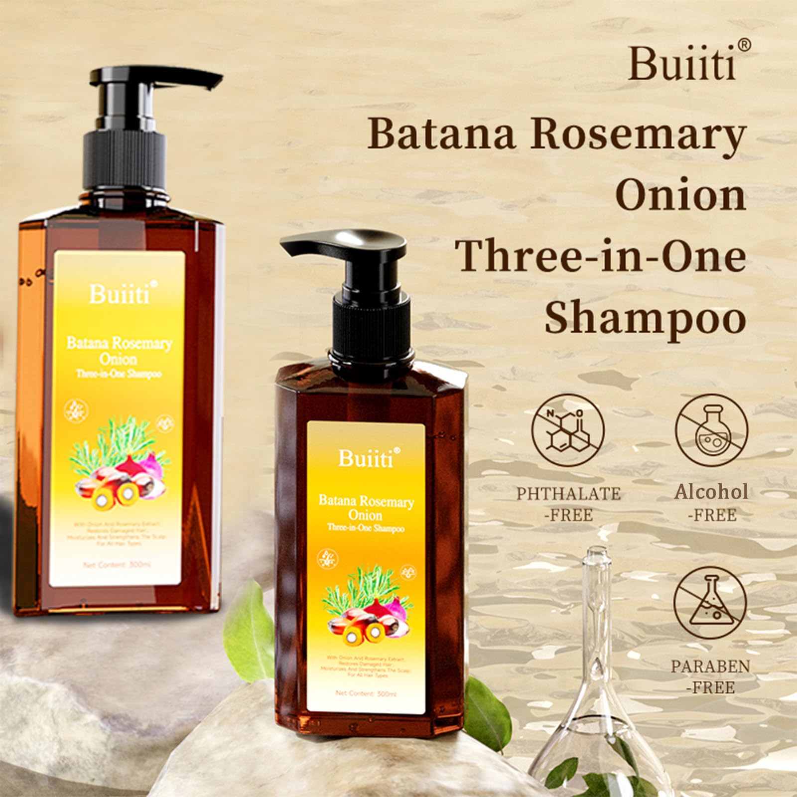 BUIITI Batana Oil Shampoo on damaged hair scenario suggests strengthening and fullness.