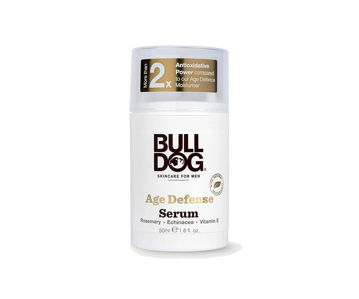 Bulldog Age Defence Serum bottle closeup — hydrating, ready-to-use formula.