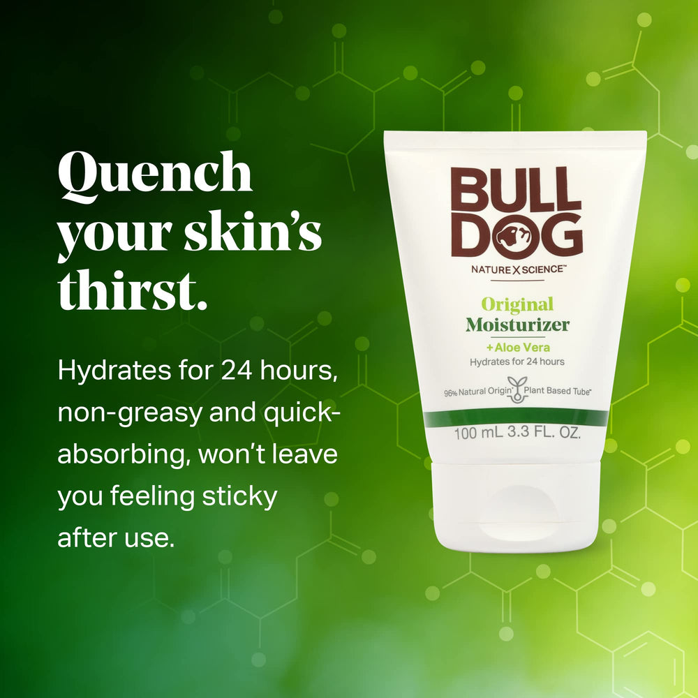 Bulldog Original Facial Moisturizer ingredients graphic highlighting Aloe Vera and green tea.
