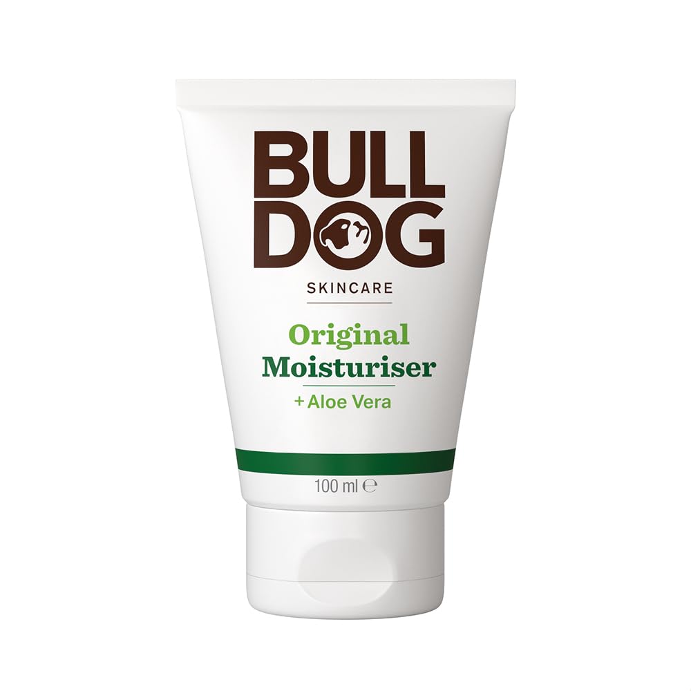 Bulldog Original Moisturiser bottle closeup highlighting the hydrating formula for daily use