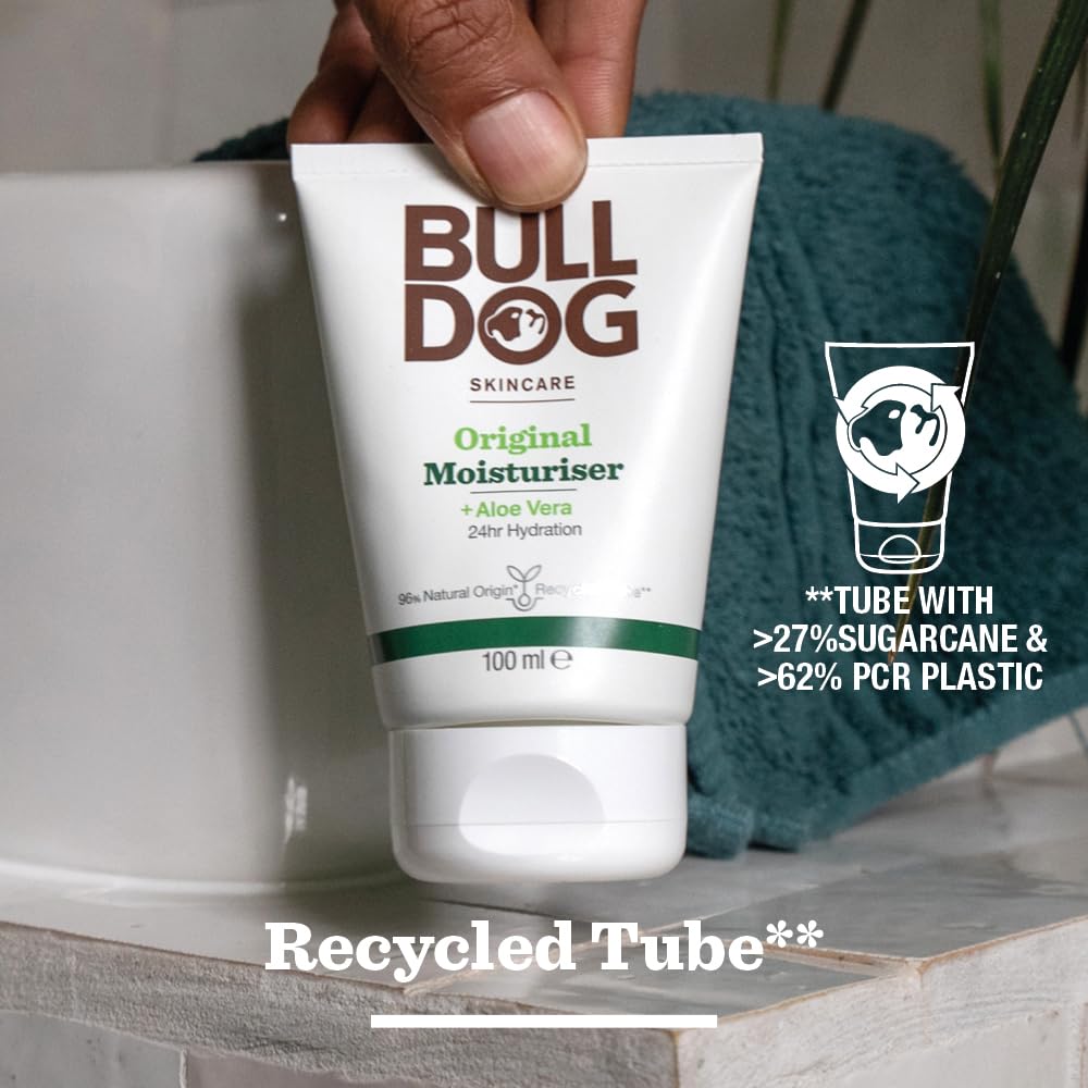 Bulldog Original Moisturiser label details emphasizing parabens and synthetic-free promise