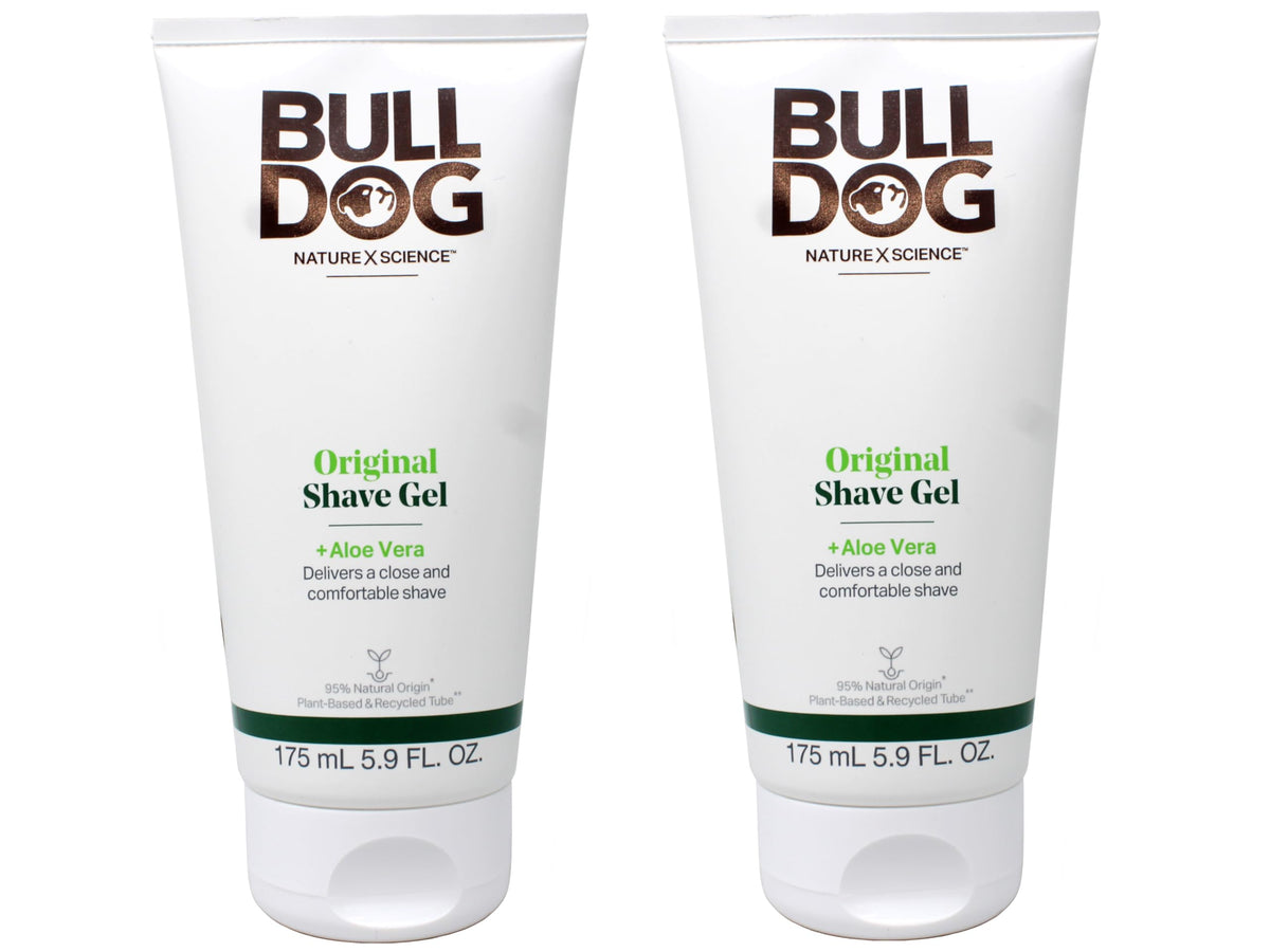 Bulldog Original Shave Gel bottle closeup highlighting natural ingredients for a smoother shave