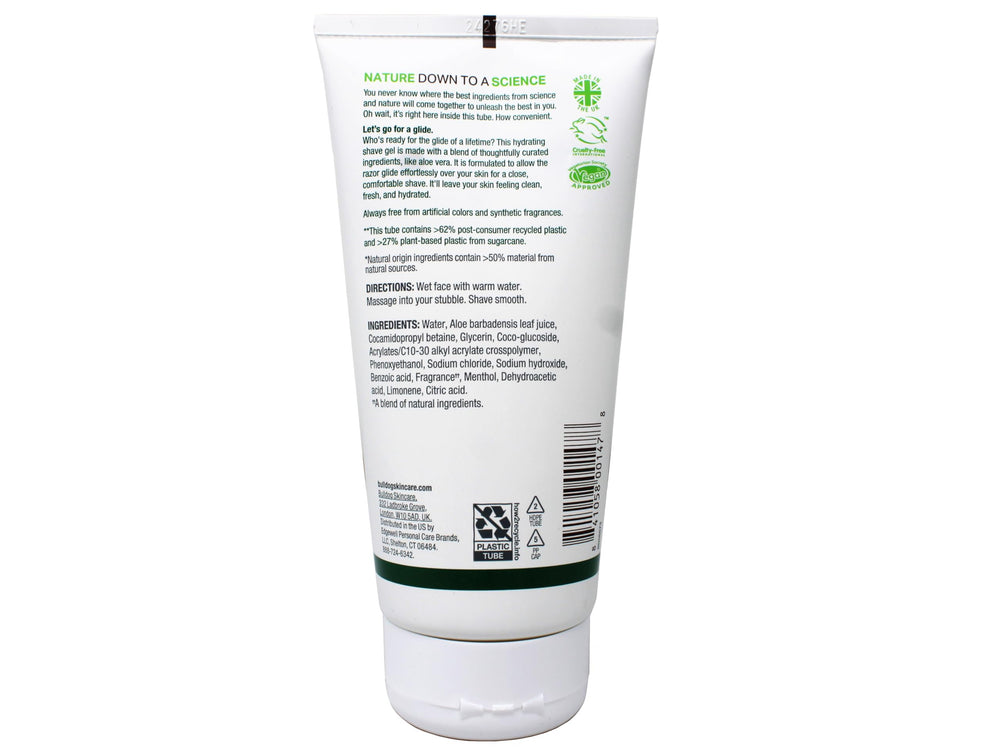 Bulldog Original Shave Gel aloe vera texture closeup shows hydrating formula for comfortable shaving