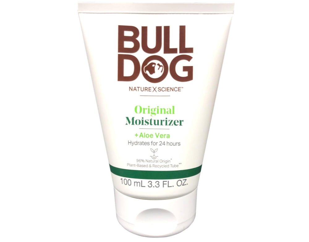 Bulldog Skincare Original Moisturizer bottle back shows usage tips for daily hydration