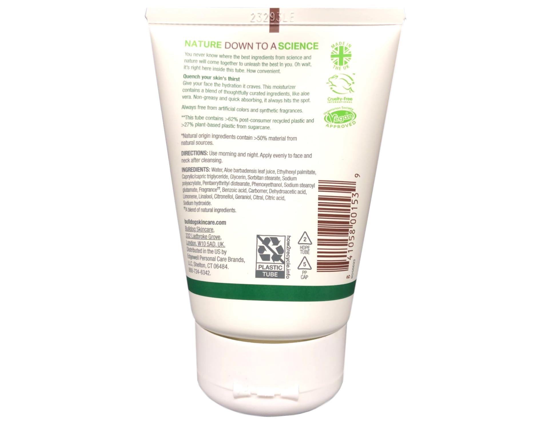 Bulldog Skincare Original Moisturizer ingredients panel highlights aloe vera formula for soothing hydration