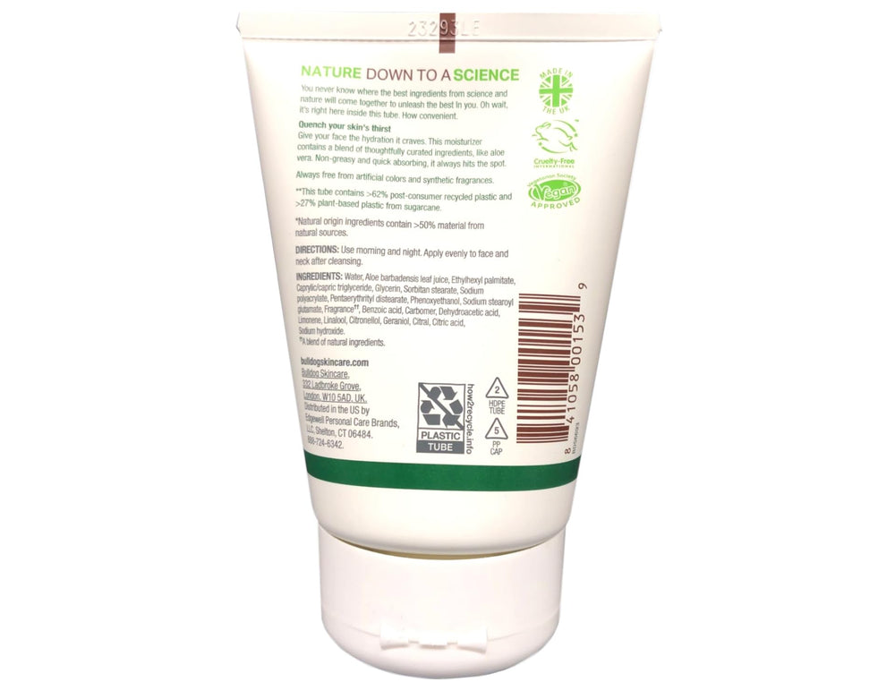 Bulldog Skincare Original Moisturizer ingredients panel highlights aloe vera formula for soothing hydration