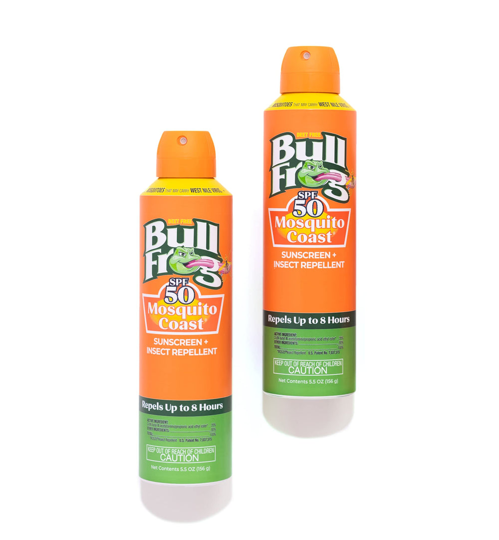 Bullfrog Mosquito Coast sunscreen continuous spray convenient application for quick sun and bug defense.