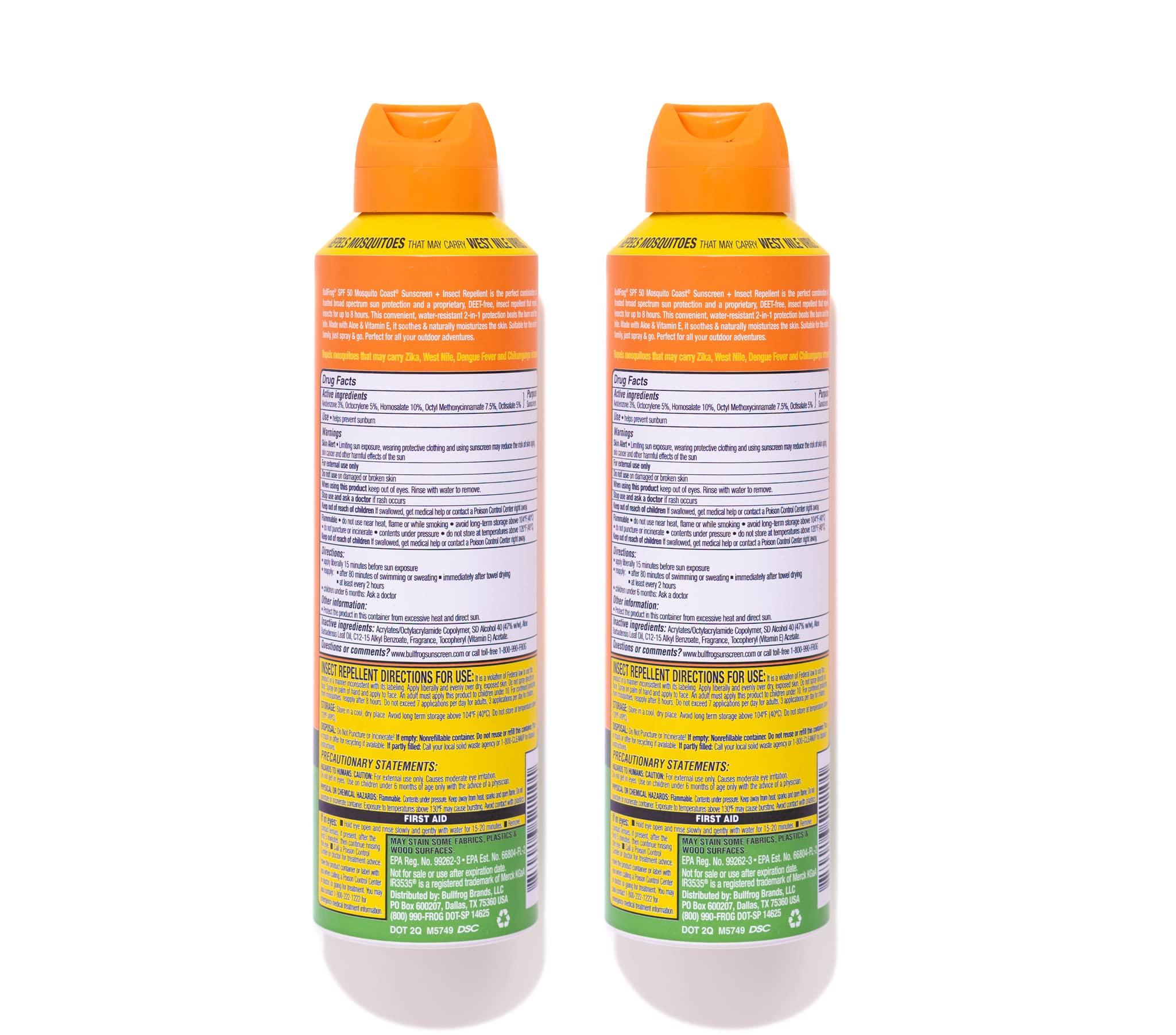 Bullfrog Mosquito Coast sunscreen label close-up — highlights DEET-free insect protection up to 8 hours.