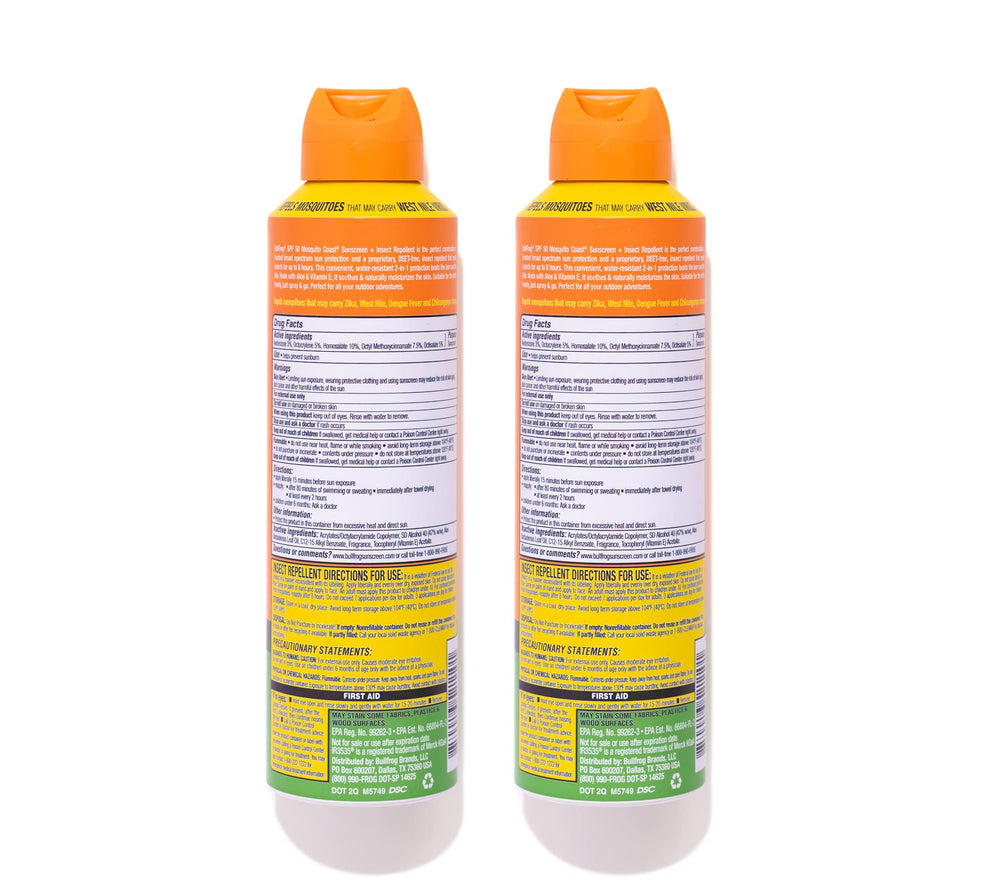 Bullfrog Mosquito Coast sunscreen label close-up — highlights DEET-free insect protection up to 8 hours.