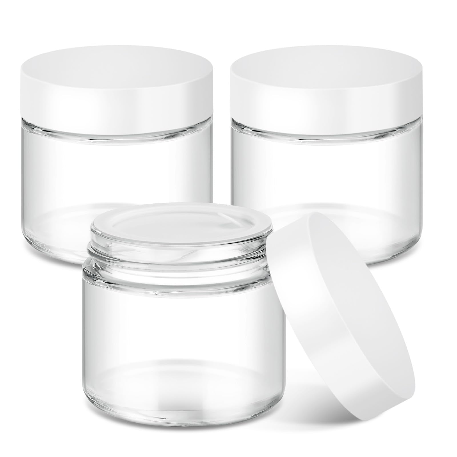 Bumobum 2oz glass jar with white lid for travel-size skincare samples.