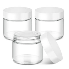 Bumobum 2oz glass jar with white lid for travel-size skincare samples.