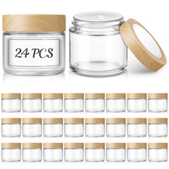 Bumobum 2oz glass jar with woodgrain lid for durable travel cosmetics storage.