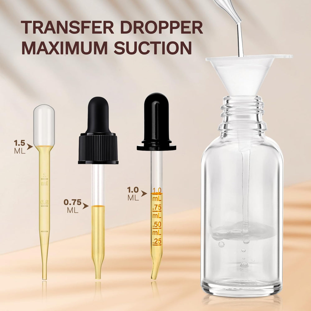 Bumobum clear glass dropper bottles for precise dispensing of serums and oils.