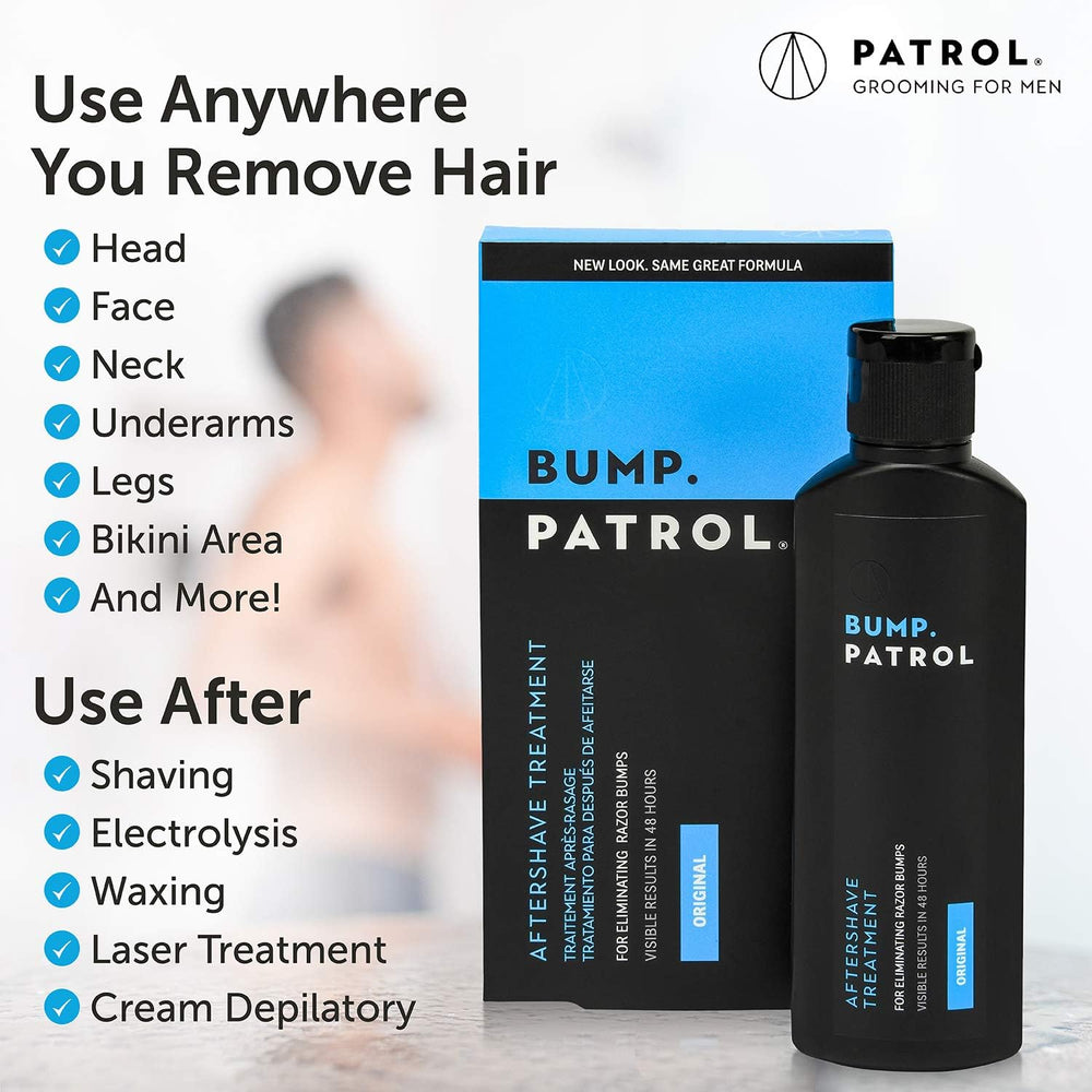 Bump Patrol aftershave applied on skin showing quick bump relief.