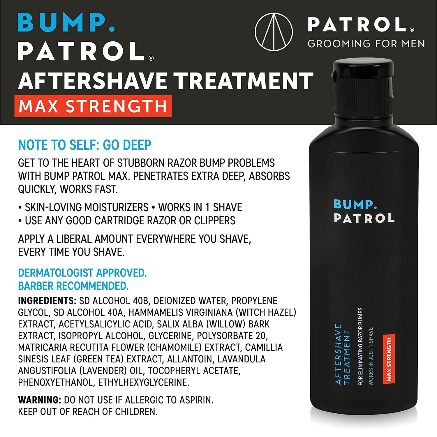 Bump Patrol aftershave bottle pump closeup highlighting fast-acting protection after shaving