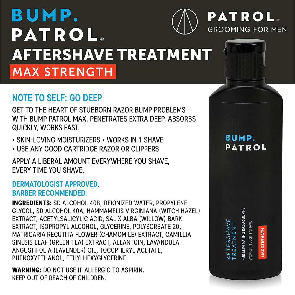 Bump Patrol aftershave bottle pump closeup highlighting fast-acting protection after shaving