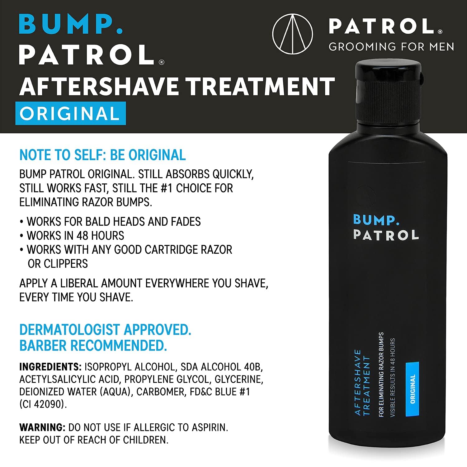Bump Patrol Original Formula label closeup highlights post-shave care.