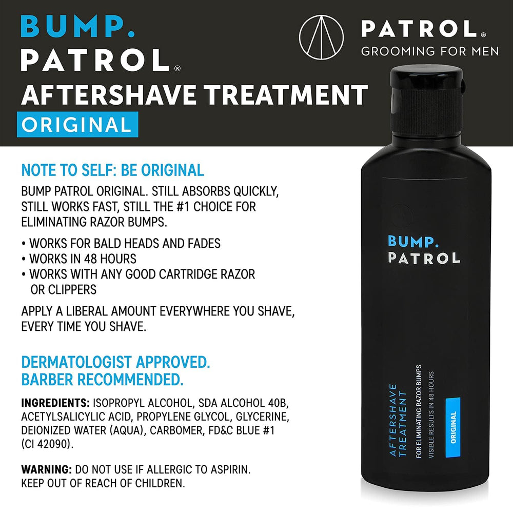 Bump Patrol Original Formula label closeup highlights post-shave care.