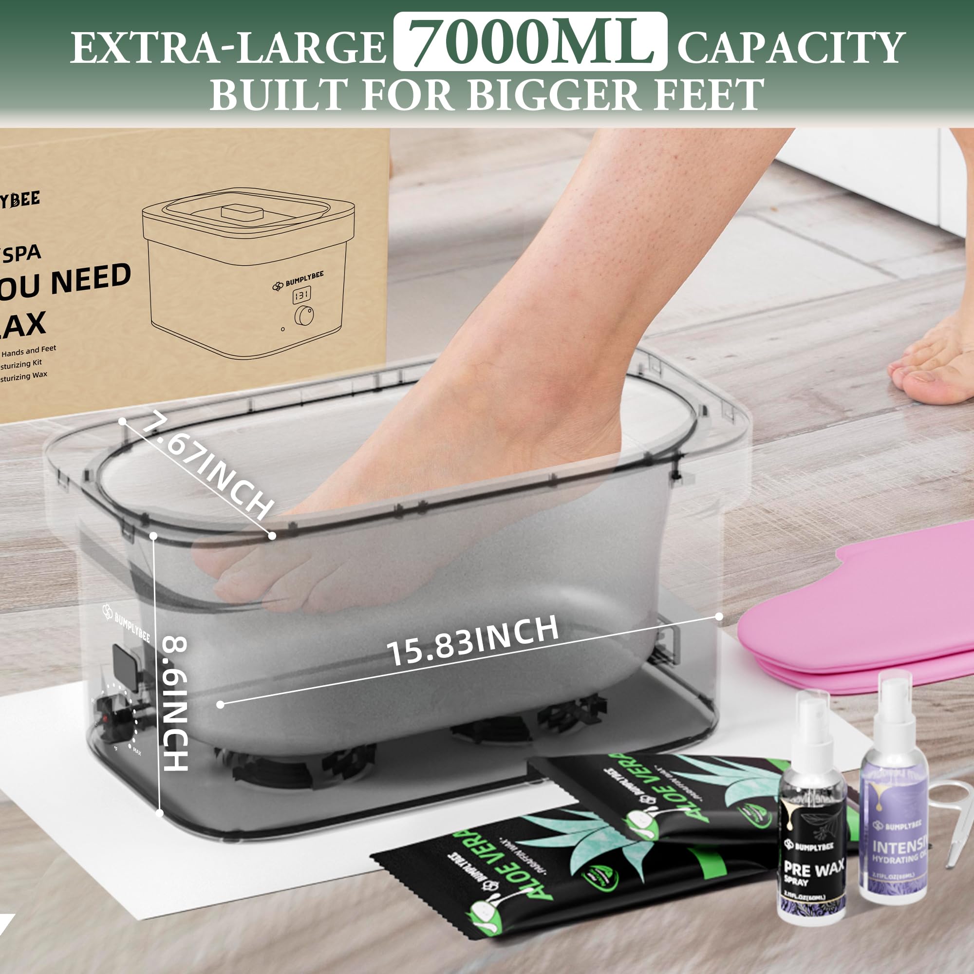 BUMPLYBEE paraffin wax machine with 7000ml capacity and lid open for full-hand and elbow treatment