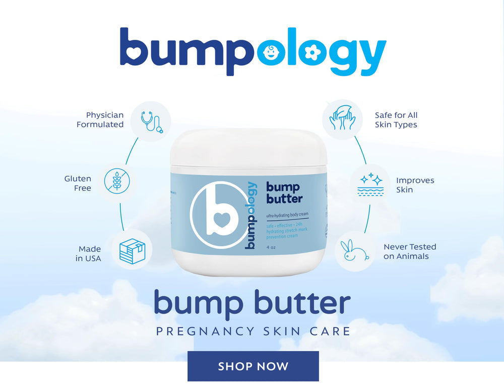 Bumpology Bump Butter bottle back highlights clean, safe ingredients for pregnancy use