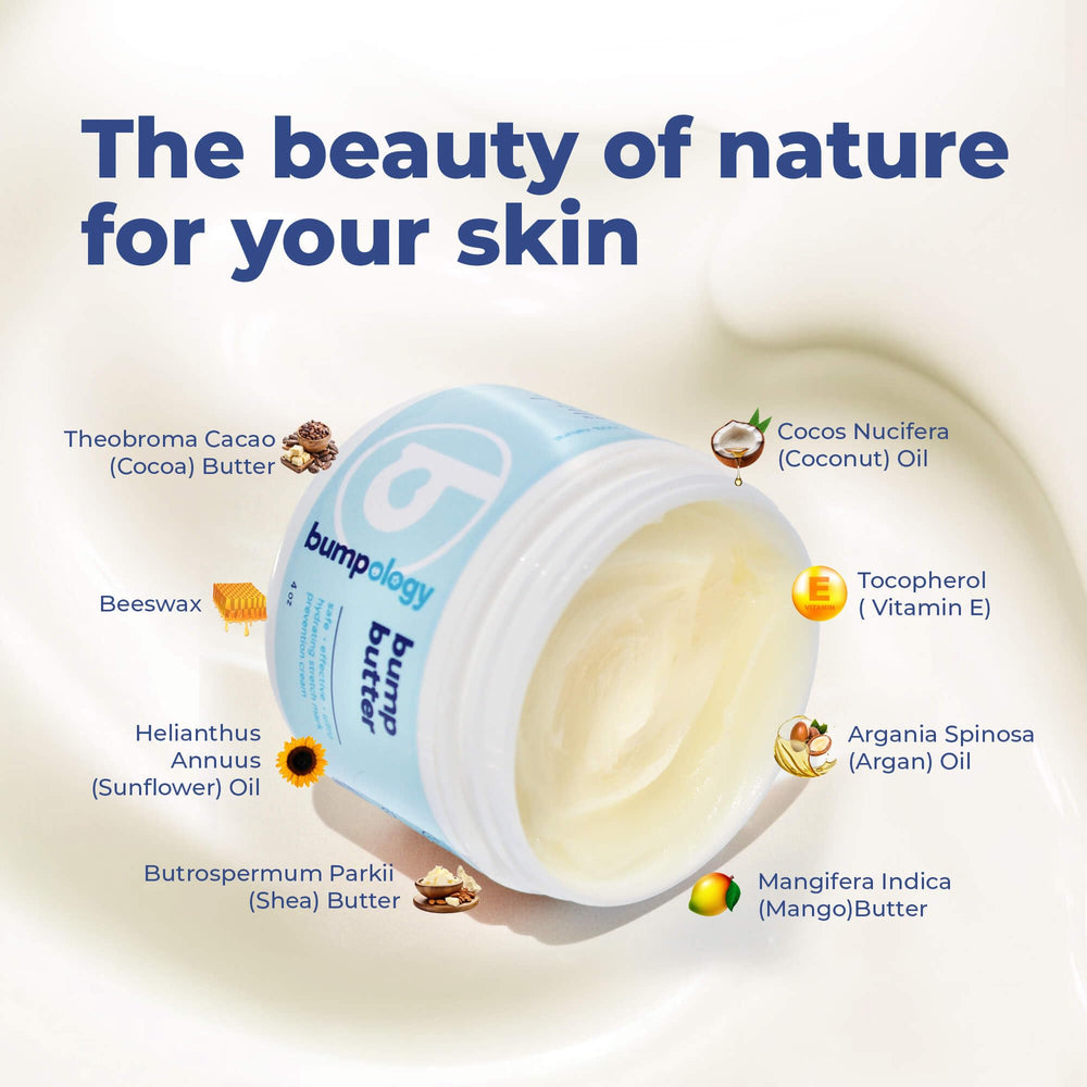 Bumpology Bump Butter packaging shot showcases USA-made, physician-formulated moisturizer